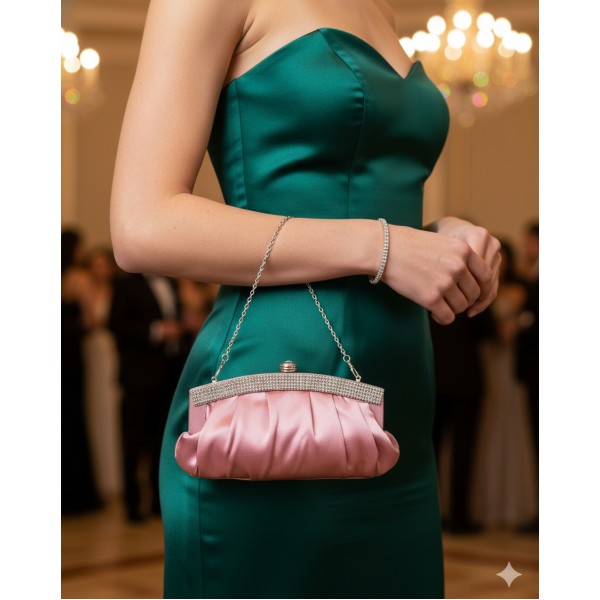 Evening Bag - Pleated Satin w/ Beads Accent - Pink - BG-E70973PK